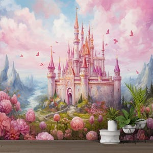 Fairy Castle Wallpaper Mural: Pink Forest Girls Nursery Decor