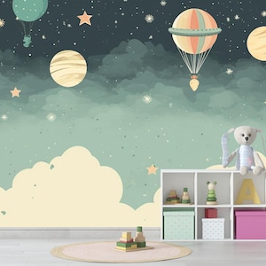 Space Nursery Wallpaper: Hot Air Balloon Kids Room Decor, Non-Woven or Peel & Stick