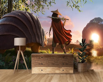 Papel pintado Raya Warrior Wall Art, póster de paisaje de aventura épica, lámina de personaje estilo samurái