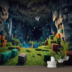 Décoration de salle de jeux pour enfants Minecraft, pour chambre de garçons, décoration murale Minecraft, auto-adhésive, non tissée