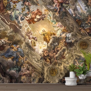 May include: A detailed ceiling mural depicting a Renaissance-style painting with figures, clouds, and architectural elements. The artwork uses a warm colour palette of browns, golds, and blues, creating a dramatic and ornate scene.