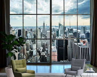 Manhattan New York City Skyline Buildings Ascension Window View 3D Digital Print Wallpaper , Custom Print , Real View, Non-Woven