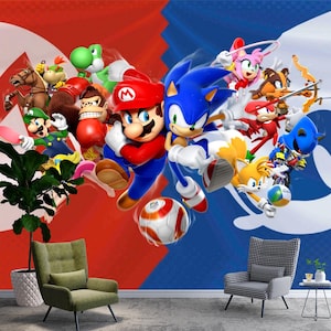 Mario and Sonic Sports Poster | Retro Gaming Wall Decor | Kids Room Poster Pell and Stick Non Woven