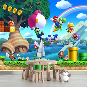 Mario Spiele Tapete Süper Mario, Kinderzimmer Wanddekoration, Kinderzimmer Super Mario Wandgestaltung, selbstklebend, abziehen und aufkleben, Vlies