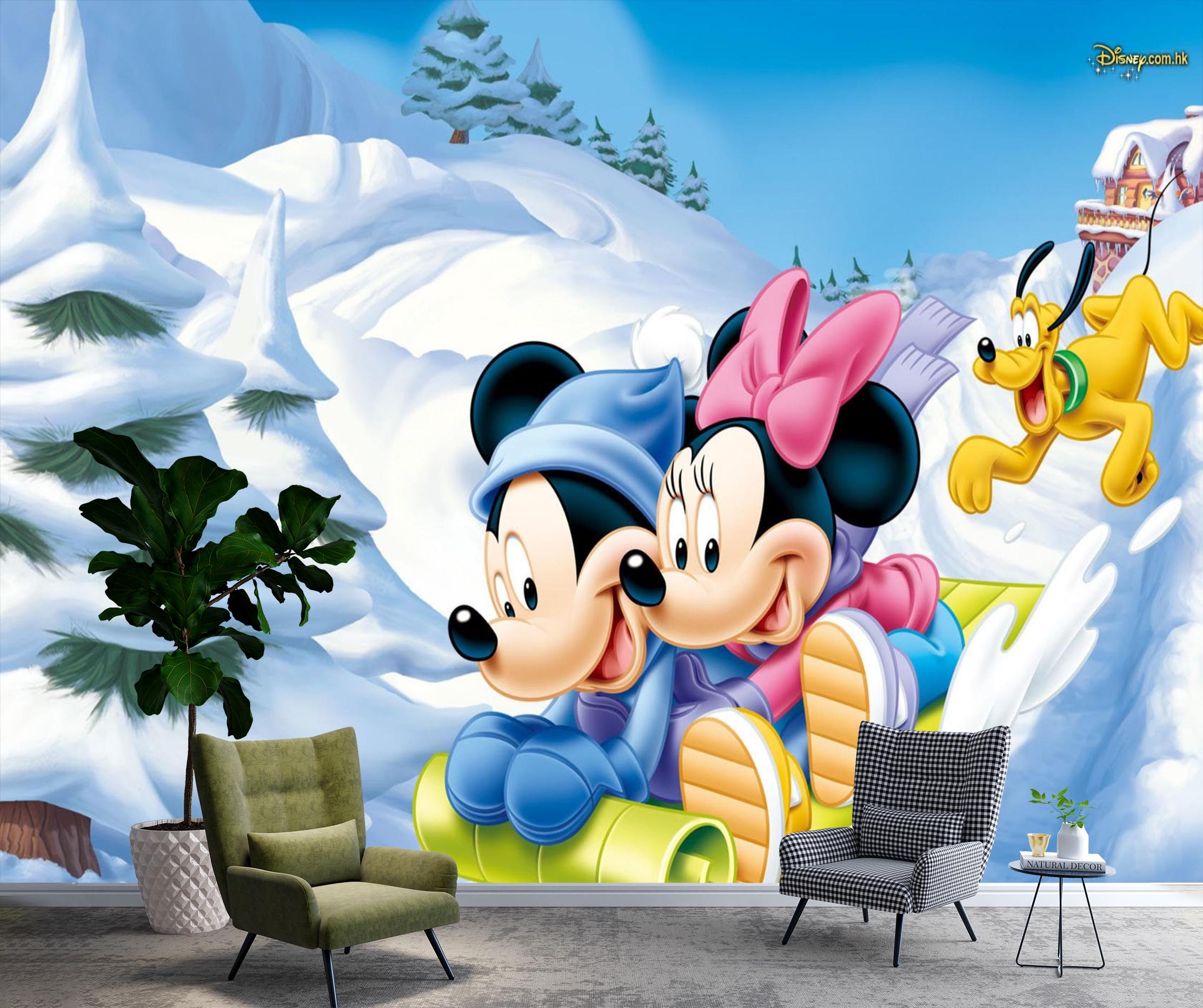 ディズニーの冬の壁画 – ミッキーとミニーの雪そり、子供部屋の装飾