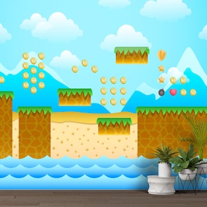 Mario Retro Video Game Wallpaper for Kids Room , Fun Platform Game Mural Pell And Stick Non-Woven