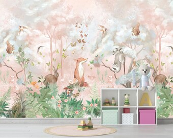 Mural de papel tapiz para habitación infantil con animales del bosque rosa: papel tapiz extraíble despegable y adhesivo