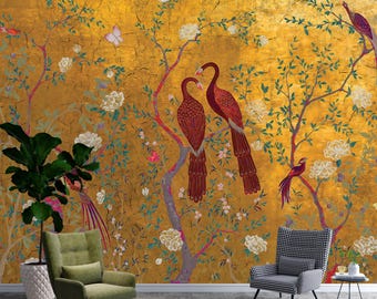 Peacock Wallpaper Peel and Stick,Chinese Style Peacock Wall Design Non-Woven,Adhesive,Peel And Stick,Non-Woven