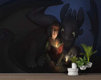 Póster de pared "Dragon Night", acogedora escena de lectura, decoración fantástica para la habitación infantil.