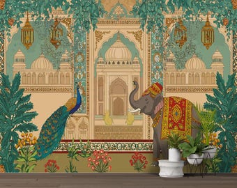 Mughal Palace Peel Stick Tapete, Indisches Panel Wandbild, Floral Entfernbare Tapete, Vintage Traditionelles Dekor Vlies