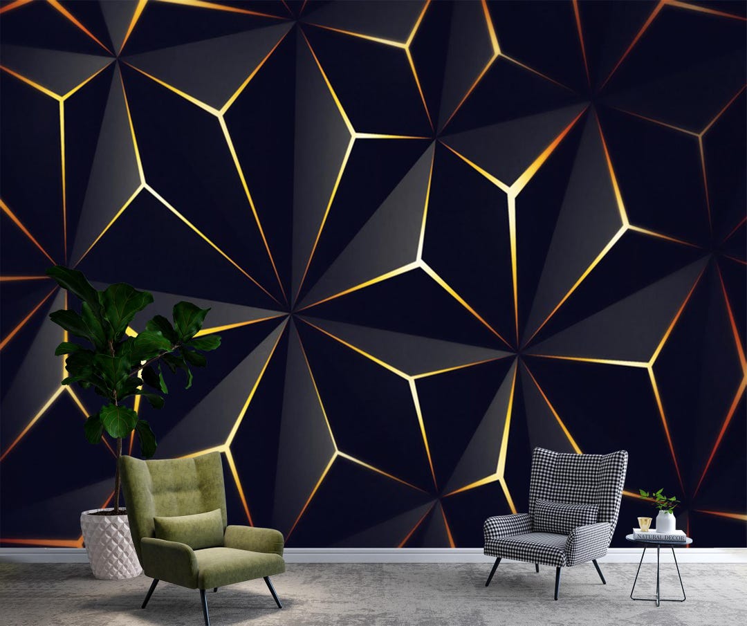 Black and Gold Geometric 3D Wall Mural: Modern Abstract Wallpaper - Etsy