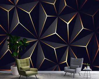 Black and Gold Geometric 3D Wall Mural: Modern Abstract Wallpaper