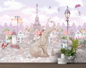 Fototapet Elephant Paris för barnrum | Pastellfärgad väggkonst för barnrum