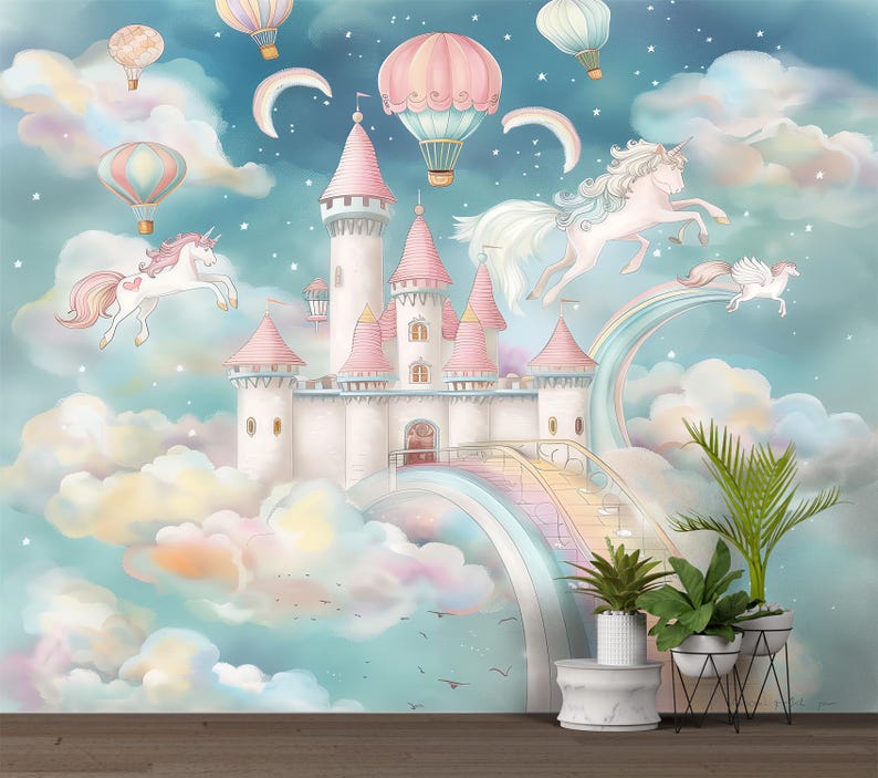 Op de afbeelding: Een grillige illustratie van een sprookjeskasteel met roze torentjes, een regenboogbrug en luchtballonnen die in een dromerige lucht zweven. Eenhoorns worden afgebeeld die door de wolken vliegen en een magische sc&egrave;ne cre&euml;ren.
