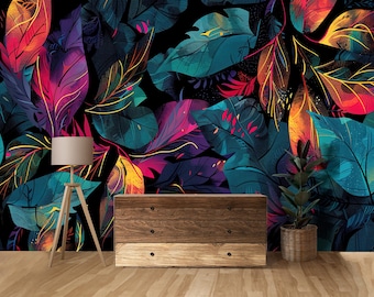Bunte Tropische Blätter Wandbild, Dunkle Tapete, Dschungel Neon Wanddekor, Tapete für's Wohnzimmer