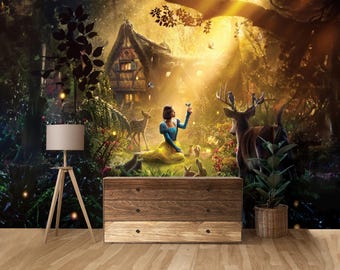 Mural de pared de bosque de cuento de hadas: papel pintado autoadhesivo de cabaña encantada