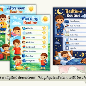 May include: Three colorful charts illustrate daily routines for children. The "Afternoon Routine" shows a boy with a kite. The "Morning Routine" includes tasks like brushing teeth. The "Bedtime Routine" features a boy in pajamas. The text reads "This is a digital download."