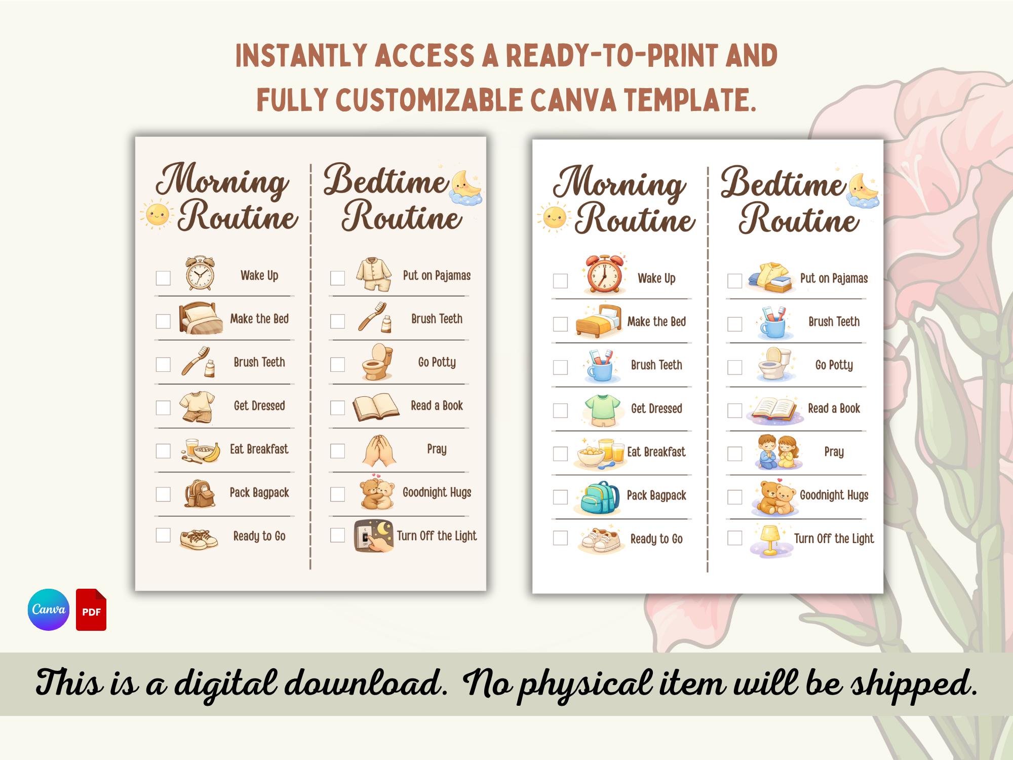 Editable Morning & Bedtime Routine Chart for Kids | Canva Template ...