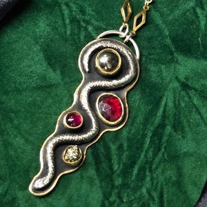 Garnet and Pyrite Serpent Pendant - Sterling Silver and Brass Snake Necklace - Hand Forged Mixed Metal Jewelry. Gothic witch dark feminine