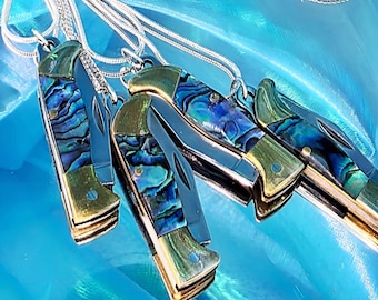 Abalone Knife Necklace | Sterling Silver Pocket Knife Pendant on Chain | Mystical Baddie Protection Jewelry