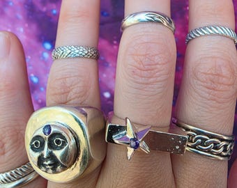 Sterling Silver Moon Face Ring: Sapphire Third Eye, Hand-Carved Gothic Signet - Size 8