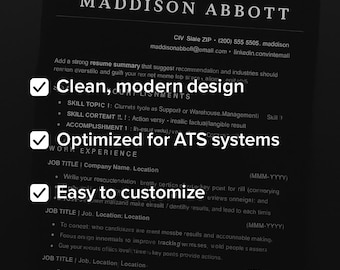 May include: A black and white image with a checklist of resume tips. The checklist includes tips for creating a clean, modern design, optimizing for ATS systems, and making it easy to customize. The text "This template is built to get noticed - by recruiters and the bots." is at the bottom of the image.