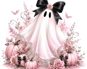 Paquete de 40 imágenes prediseñadas de fantasmas rosas, lindas imágenes JPG de Halloween en acuarela (descarga digital)
