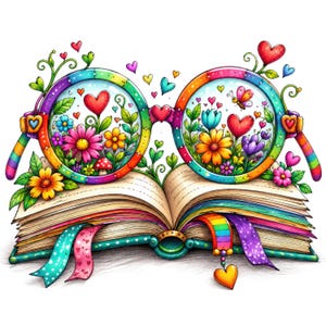 Könnte beinhalten: Eine regenbogenfarbene, runde Brille liegt auf einem aufgeschlagenen Buch. Die Gläser zeigen bunte Illustrationen von Blumen, Herzen und Pflanzen. Zwei gemusterte Lesezeichen hängen unten aus dem Buch, eines davon mit einem Herzanhänger.