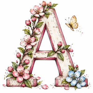 Könnte beinhalten: Ein dekorativer Buchstabe A mit abgenutztem weiß-rosa Finish, verziert mit illustrierten rosa Kirschblüten, grünen Blättern und einem kleinen gelben Schmetterling. Der Buchstabe ist links und unten rechts mit floralen Akzenten versehen.
