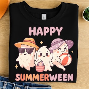 Happy Summerween Cute Ghosts PNG Clipart for T-Shirts and Mugs – Adorable Halloween Beach Design with Summer Ghost Characters