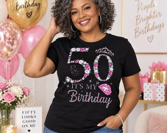 50e verjaardag PNG-clipart – Het is mijn 50e verjaardag! Roze en zilveren print met strass-effect voor T-shirts, mokken, sublimatie en DTF.