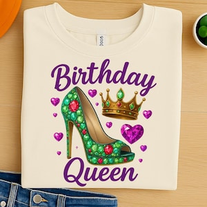Birthday Queen PNG: Green Gem High Heel, Gold Crown Design (Digital Download