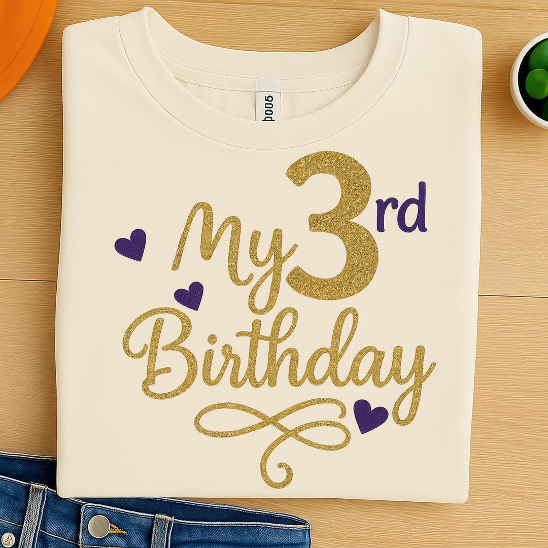 3rd Birthday PNG Clipart – Gold Glitter Lettering With Purple Hearts ...