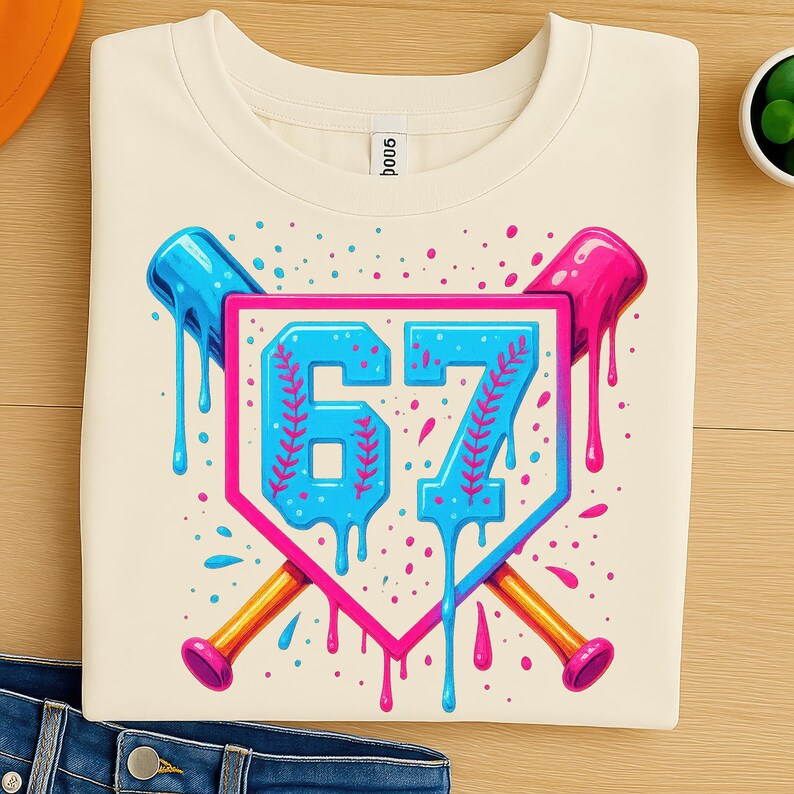 67 Baseball PNG Clipart – Neon Dripping Number With Bats and Home Plate ...