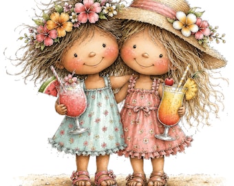 Bundel met 40 schattige clipartafbeeldingen van zomerse meisjes – Aquarel strand- en vakantiekunst | Digitale download JPG's