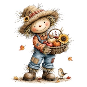 May include: A scarecrow figure wearing a plaid shirt, blue denim overalls with patches, and a wide-brimmed straw hat. The figure holds a woven basket filled with pumpkins, apples, and a sunflower. A small bird stands nearby with autumn leaves.