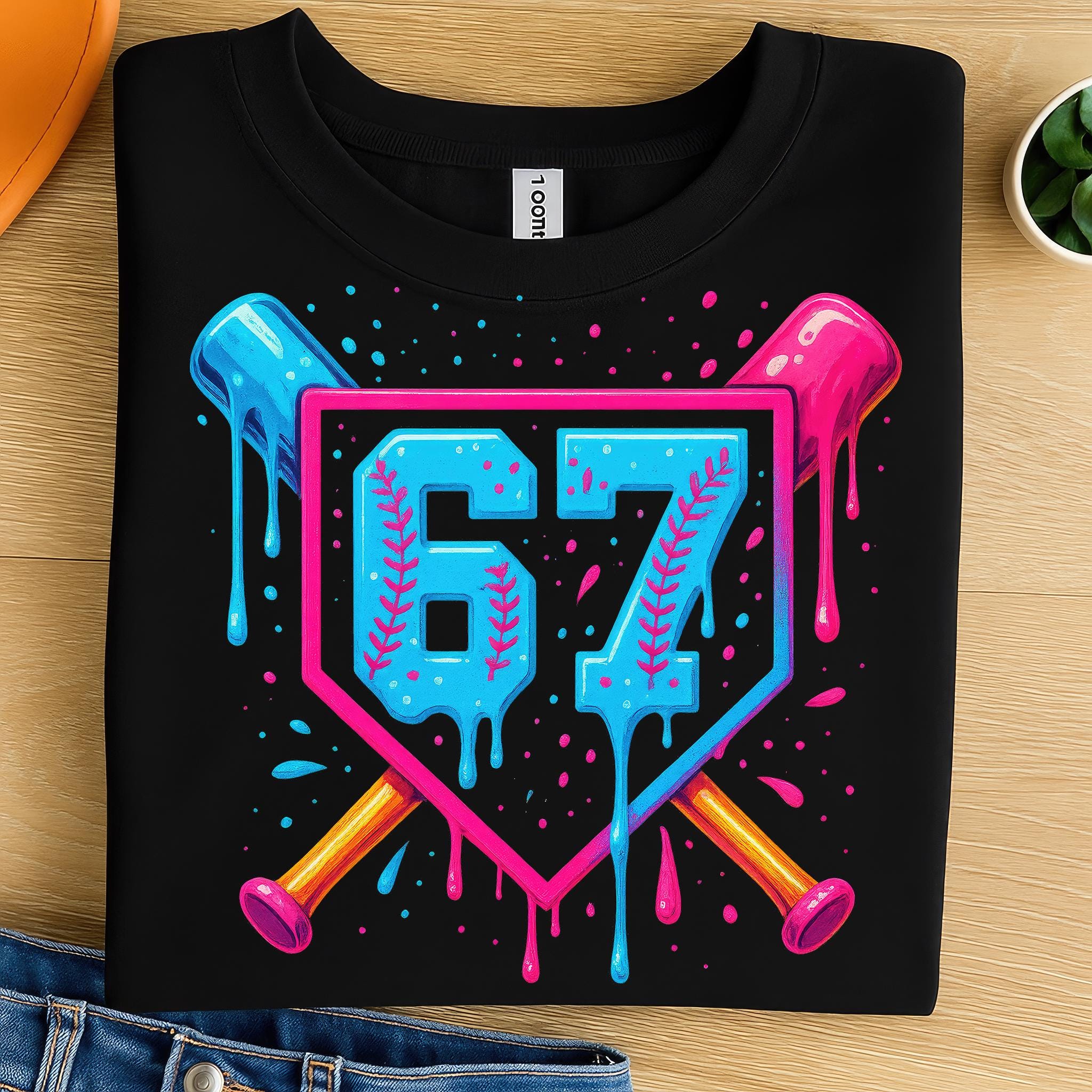67 Baseball PNG Clipart – Neon Dripping Number With Bats and Home Plate ...