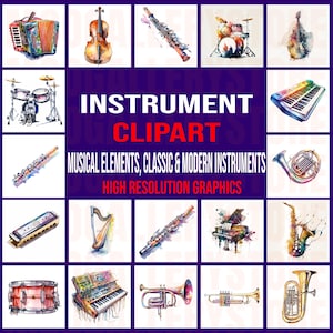 550+ Watercolor Instrument Clipart Bundle | Classic & Modern Musical Elements PNG | High-Quality Instruments for Sublimation - Crafts