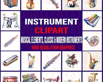 550+ Watercolor Instrument Clipart Bundle | Classic & Modern Musical Elements PNG | High-Quality Instruments for Sublimation - Crafts