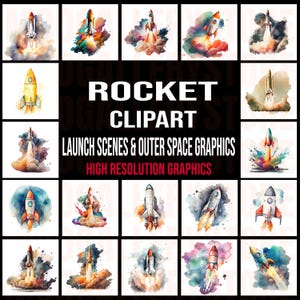 30+Rocket Clipart Bundle| Space Rocketship Illustrations PNG JPG | Outer Space Art for Kids Crafts and Sublimation