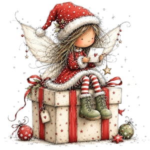 Puede incluir: Una ilustración caprichosa de un hada con cabello castaño largo que lleva un gorro y vestido de Papá Noel rojos con ribete de piel blanca, sentada sobre una caja de regalo grande. El hada sostiene un sobre pequeño con un corazón y lleva medias.