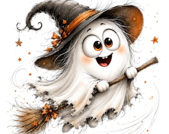 May include: A white ghost character with large brown eyes and a wide smile, wearing a black pointed witch hat with an orange band. The ghost is flying on a wooden broomstick, surrounded by small orange star shapes against a white background.