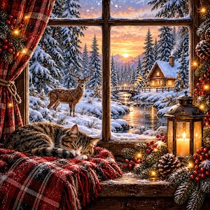 May include: A tabby cat sleeps on a red plaid blanket on a windowsill. A lantern with a lit candle, pine branches, and red berries sit nearby. Through the window, a snowy landscape features a deer, a wooden cabin, a bridge, and a sunset.