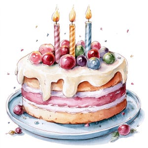 Könnte beinhalten: Eine Aquarellillustration eines runden Schichtkuchens auf einem Teller, verziert mit weißer Glasur, drei brennenden, gestreiften Kerzen und verschiedenen bunten Beeren. Kleine konfettiartige Sprenkel sind um den Kuchen herum verteilt.