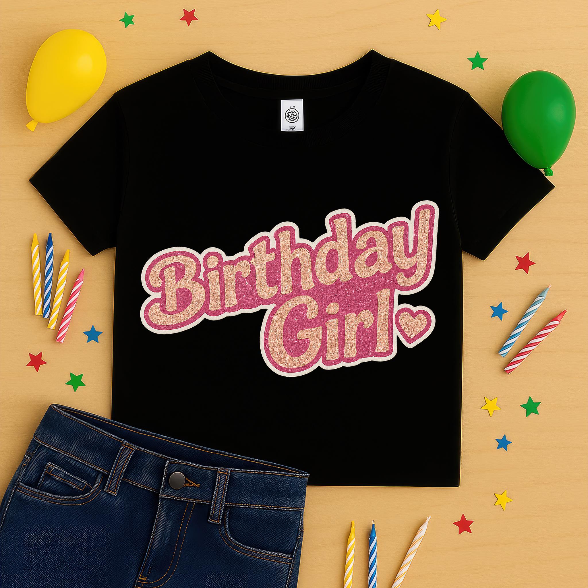 Birthday Girl PNG Clipart – Pink and Gold Glitter Retro Typography with Heart for T-Shirts, Mugs and Party Decorations