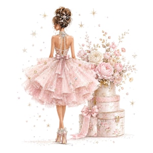 Puede incluir: Una ilustración digital de una figura vista desde atrás, con un vestido de tul rosa pálido de varias capas, escote halter con pedrería y un gran lazo en la cintura. La figura está junto a una pila de tres cajas de regalo con estampado floral.