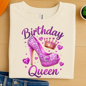 Birthday Queen PNG: Glam High Heel, Crown & Hearts - Sublimation Design