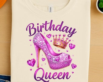 Birthday Queen PNG – Glam High Heel with Crown and Sparkly Hearts Sublimation Design for Pink Birthday T-Shirts and Mugs