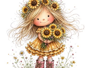 39 Spring Girl Clipart Bundle, Cute Sunflower Watercolor JPGs (Digital Download)