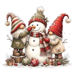 Op de afbeelding: Twee kabouters met lange witte baarden en hoge mutsen staan naast een sneeuwpop. De ene kabouter draagt een gestreepte muts en een groene jas, de andere een rode muts en een beige jas. De sneeuwpop draagt een rood geruite sjaal en een bijpassende muts.